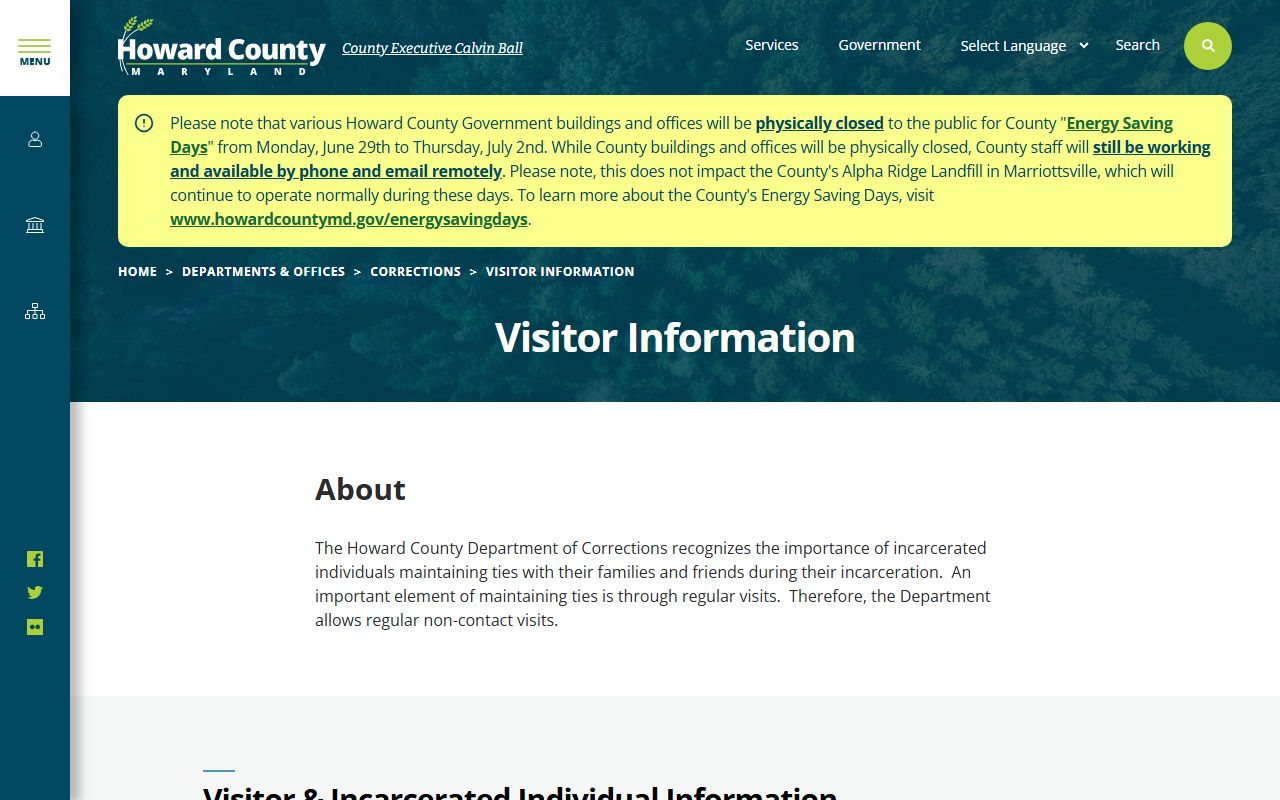 Howard County inmate records visitor information