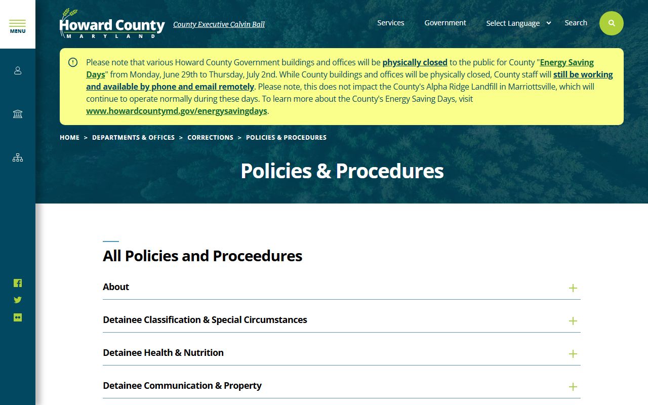 Howard County inmate records corrections policies and procedures
