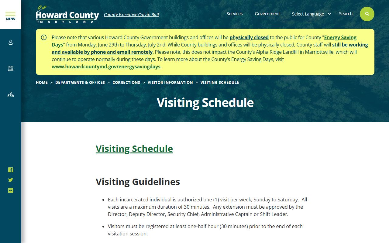 Howard County inmate records visiting schedule