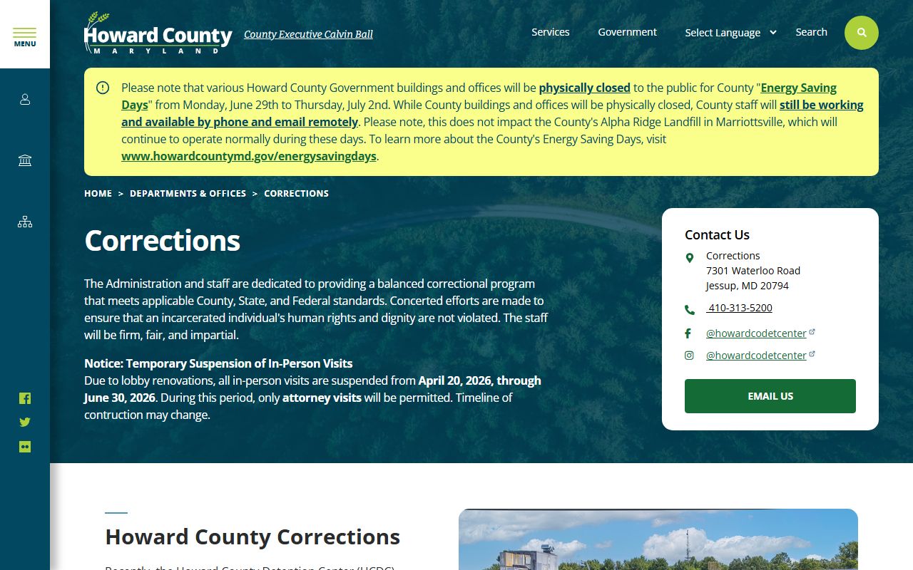 Howard County inmate records Department of Corrections overview
