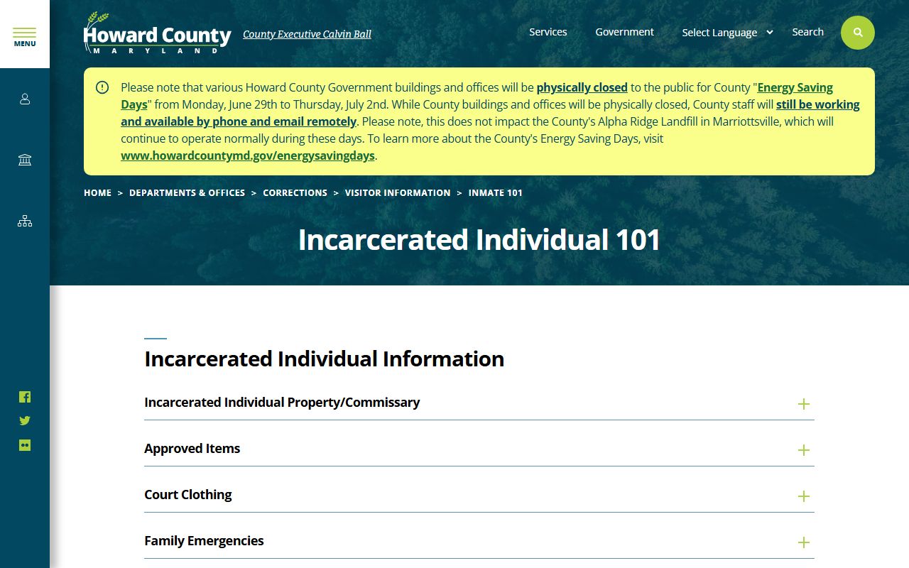 Howard County inmate records commissary and property information
