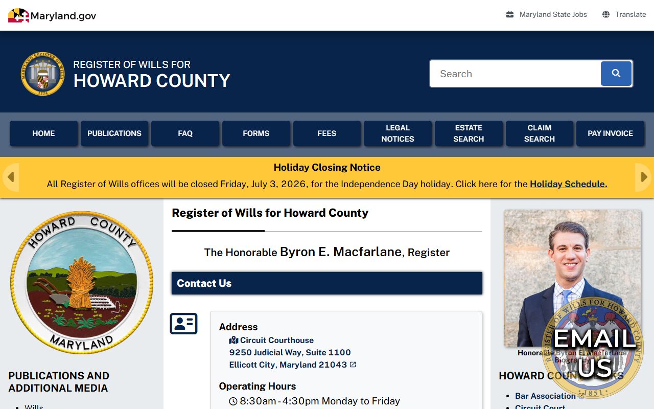 Howard County probate records Register of Wills office page