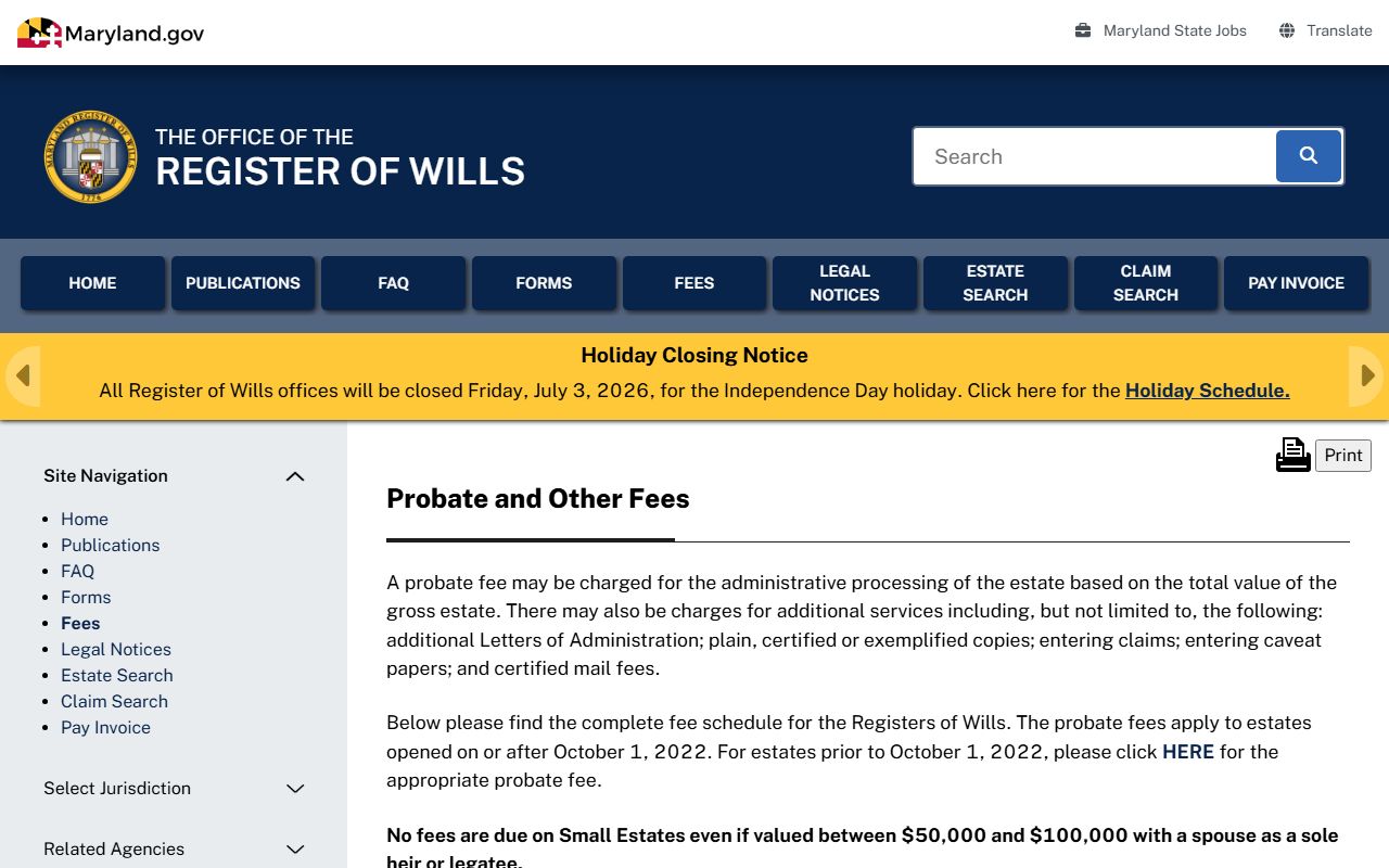 Howard County probate records Register of Wills fee schedule