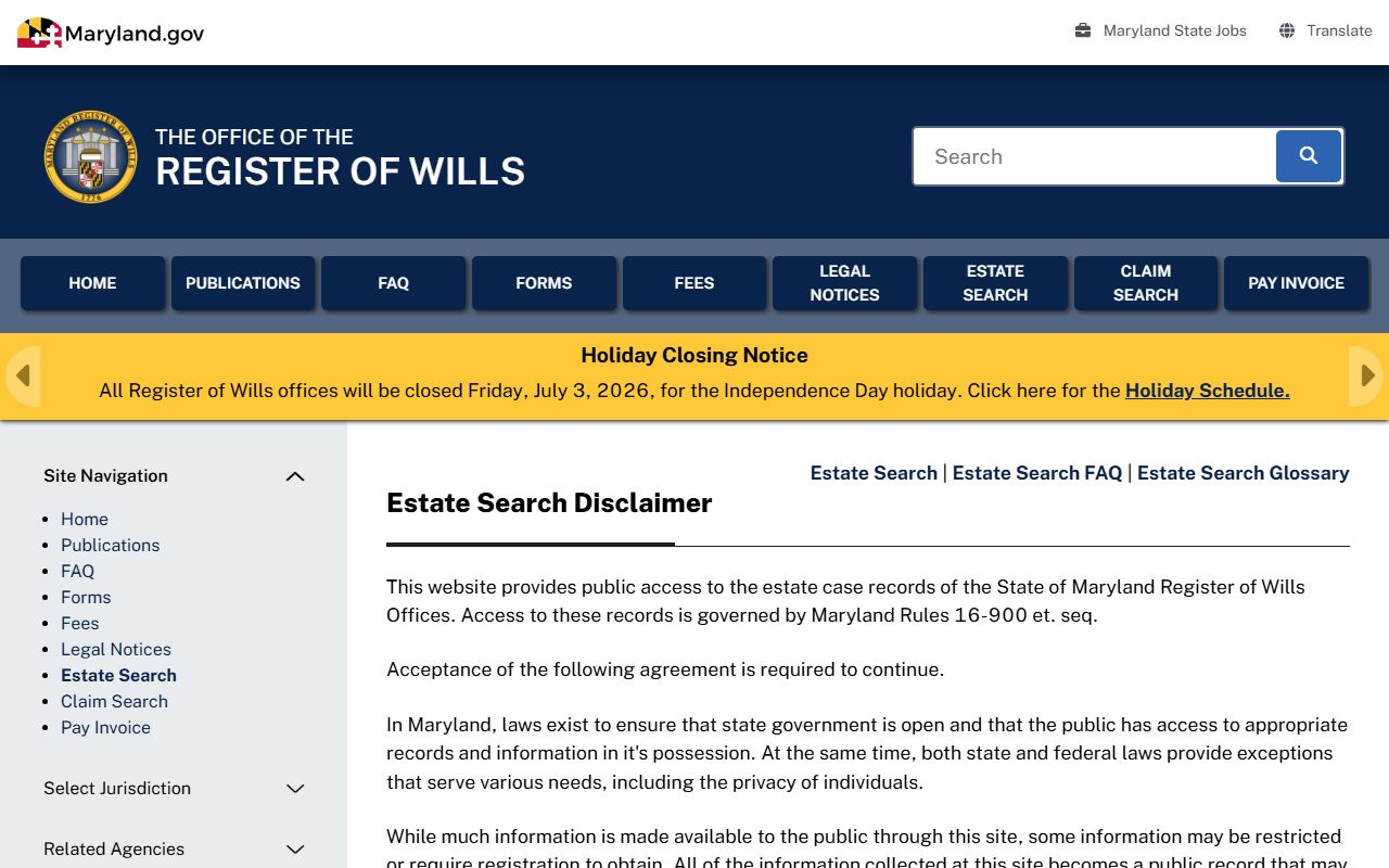 Howard County probate records Estate Search page