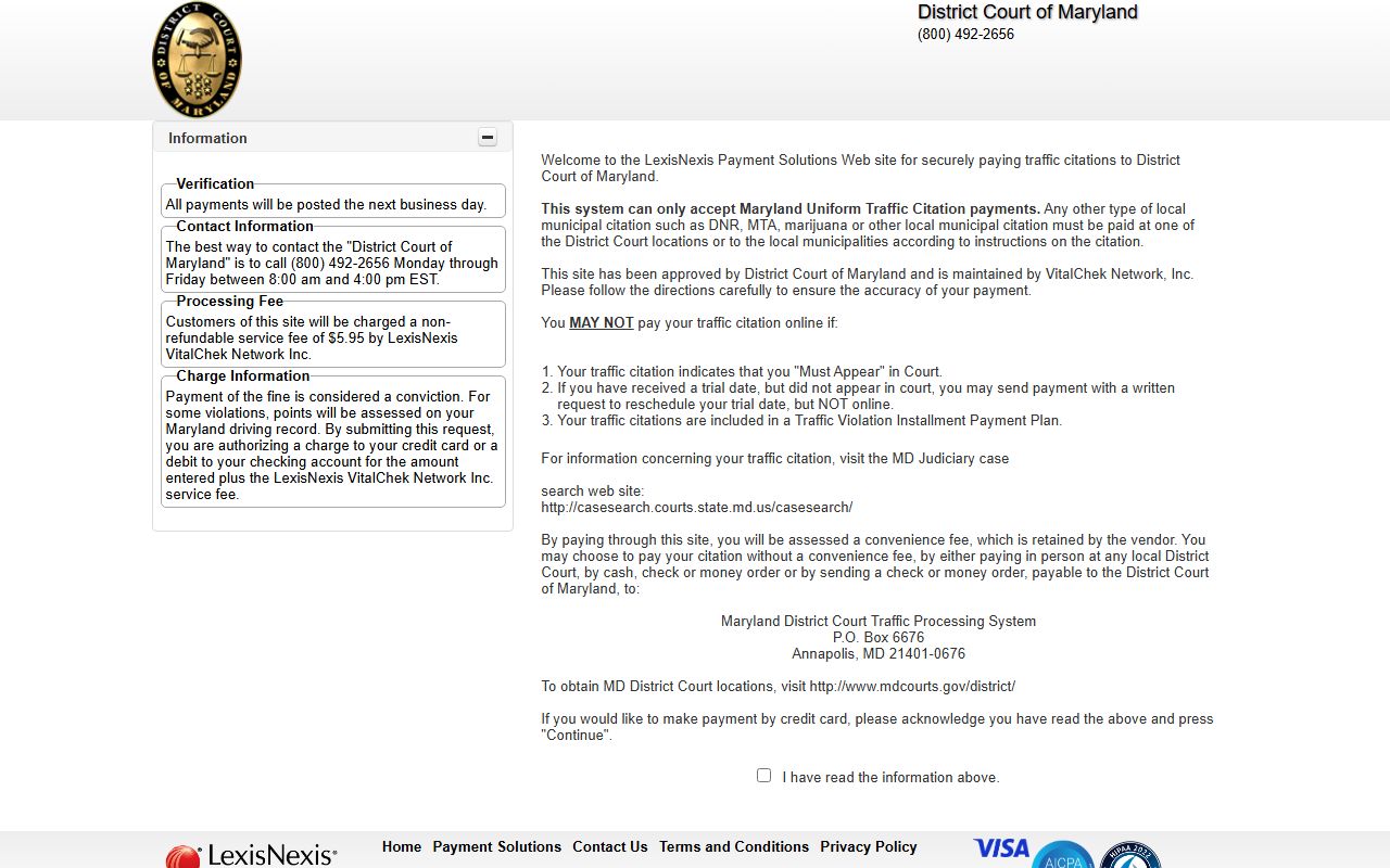 Howard County traffic court records District Court payment processor