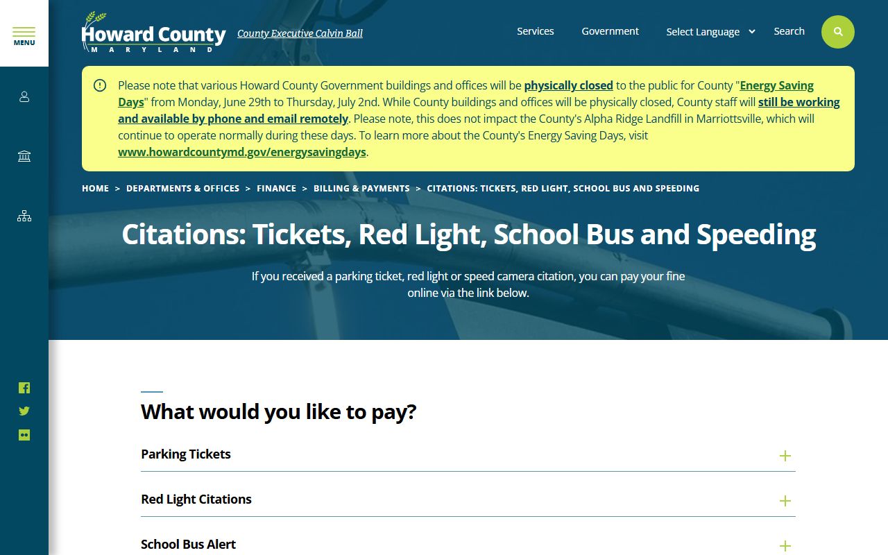 Howard County traffic court records camera citation payment page