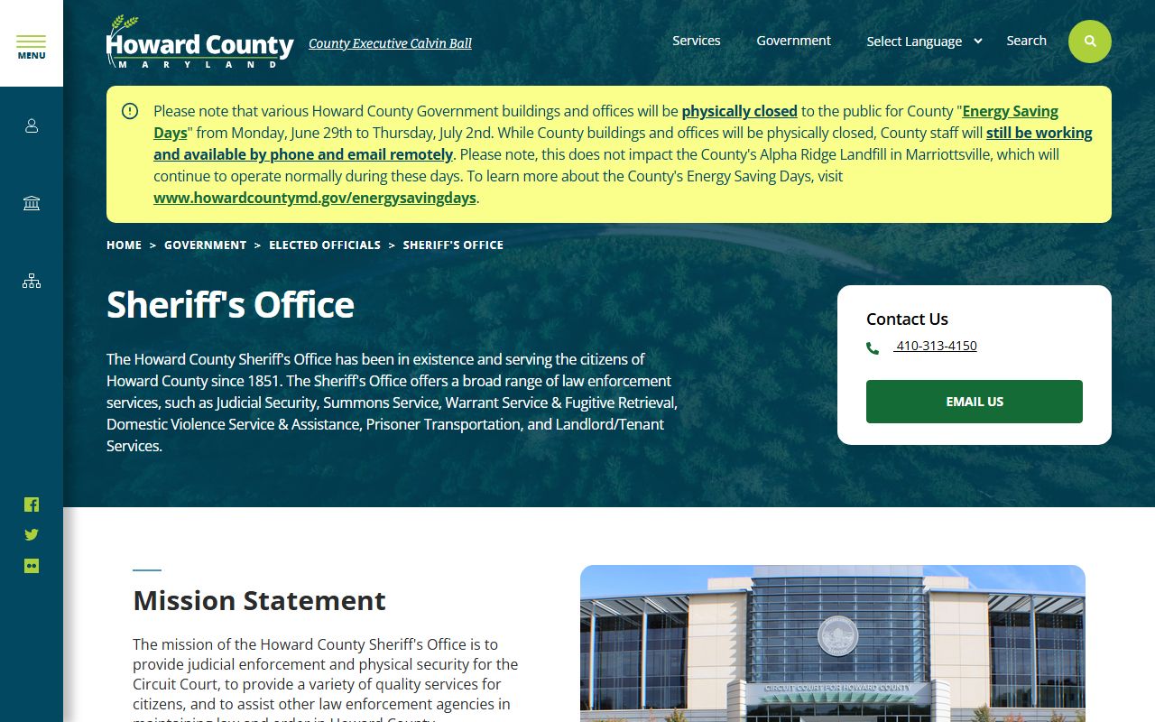 Howard County warrant records Sheriff's Office page