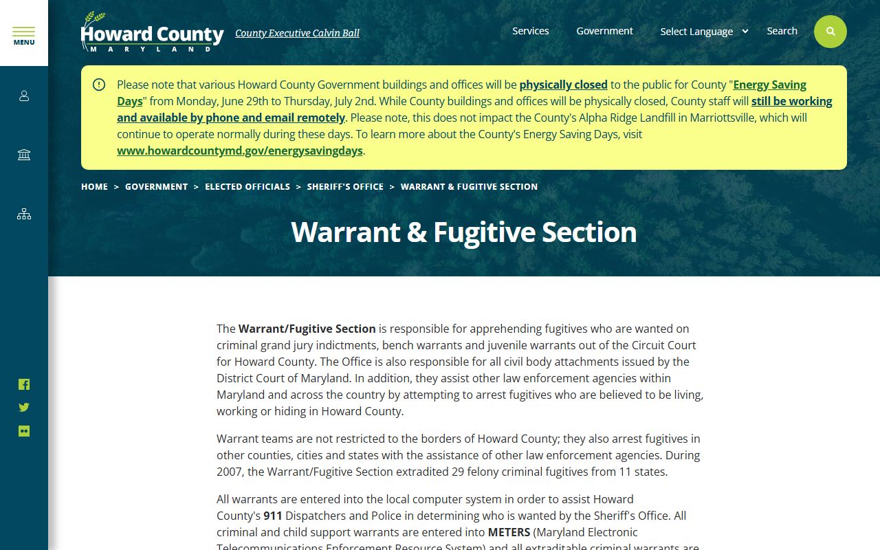 Howard County warrant records Warrant Fugitive Section page